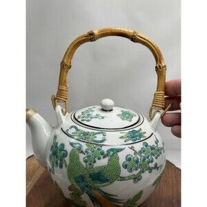Chinoiserie Otagiri Japan, Otagiri Lidded Teapot Peacocks Bamboo Handle